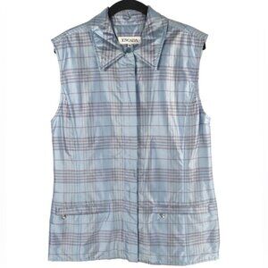 ESCADA 100% SILK Pink Blue Tartan Plaid Full Zip Puffer Vest Jacket Top‎ Size 38